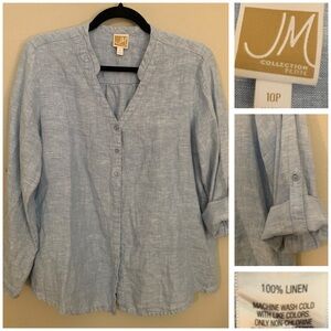 JM Collection Petite Light Blue Linen Blouse